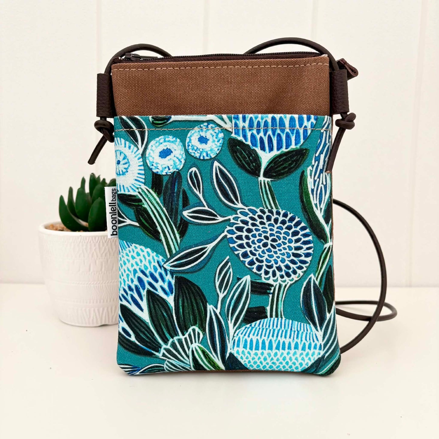 Sundew Sling Bag in Tan Canvas with Blue Banksia
