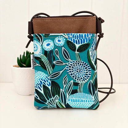 Sundew Sling Bag in Tan Canvas with Blue Banksia