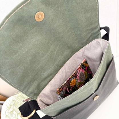Cassinia Crossbody Bag - Green Canvas and Black Leather with Bush Banksia