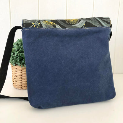Cassinia Crossbody Bag - Blue Canvas and Black Leather with Yellow Eucalyptus