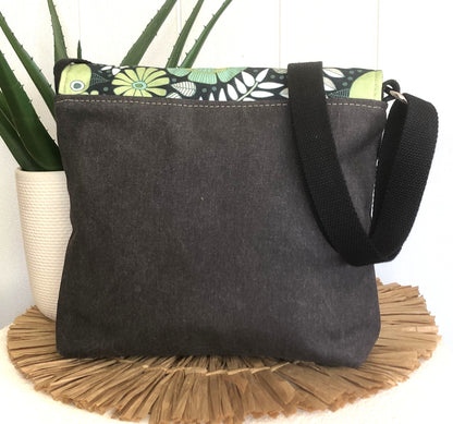 Grey Canvas and Black Leather Crossbody Bag with Green Folk Bird Design