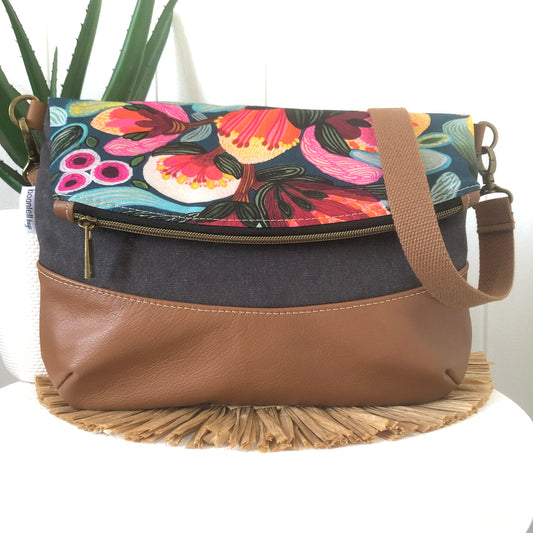 canvas and leather fold over bag