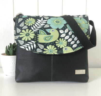 Grey Canvas and Black Leather Crossbody Bag with Green Folk Bird Design