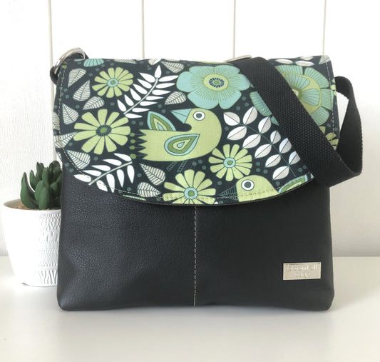 Grey Canvas and Black Leather Crossbody Bag with Green Folk Bird Design