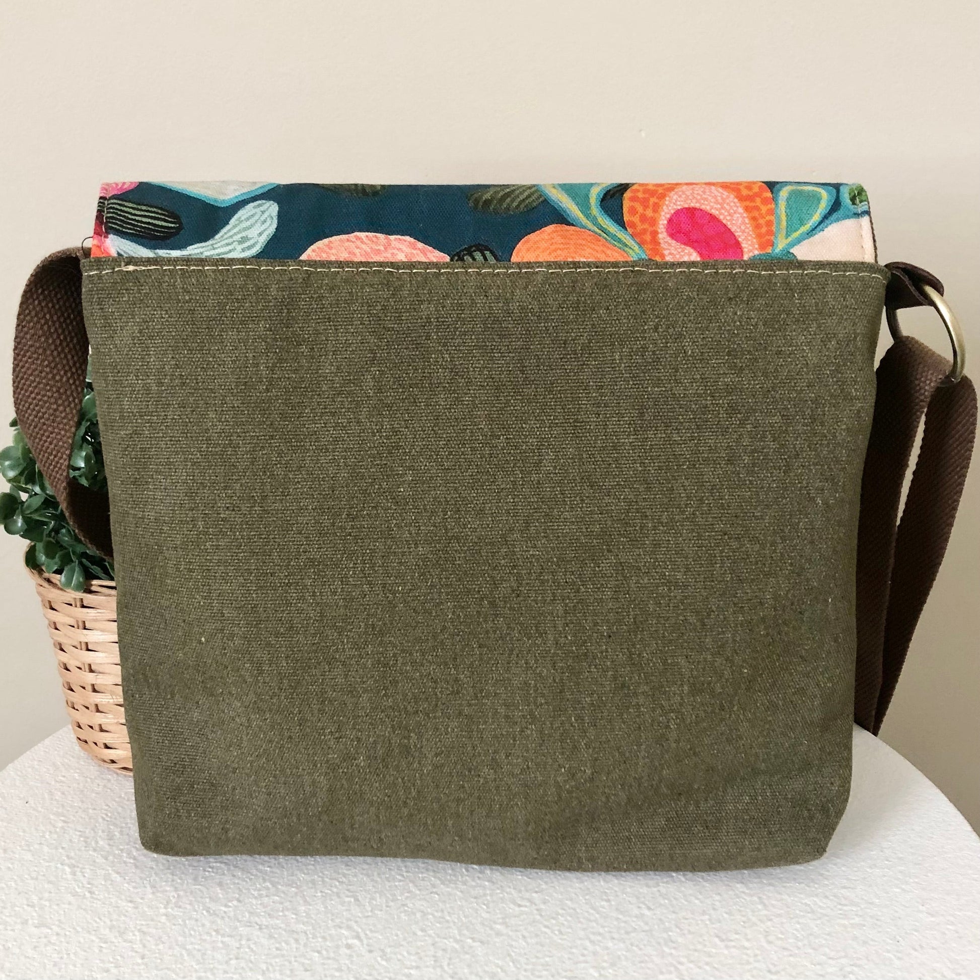 green canvas bag back view