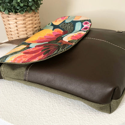 brown and green bag side view