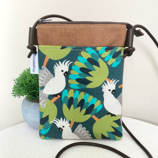 Tan Canvas and White Cockatoo Phone Sling Crossbody Bag