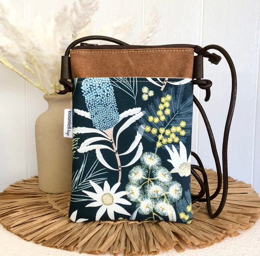 Tan Canvas with Moonlight Flora Phone Sling Crossbody Bag