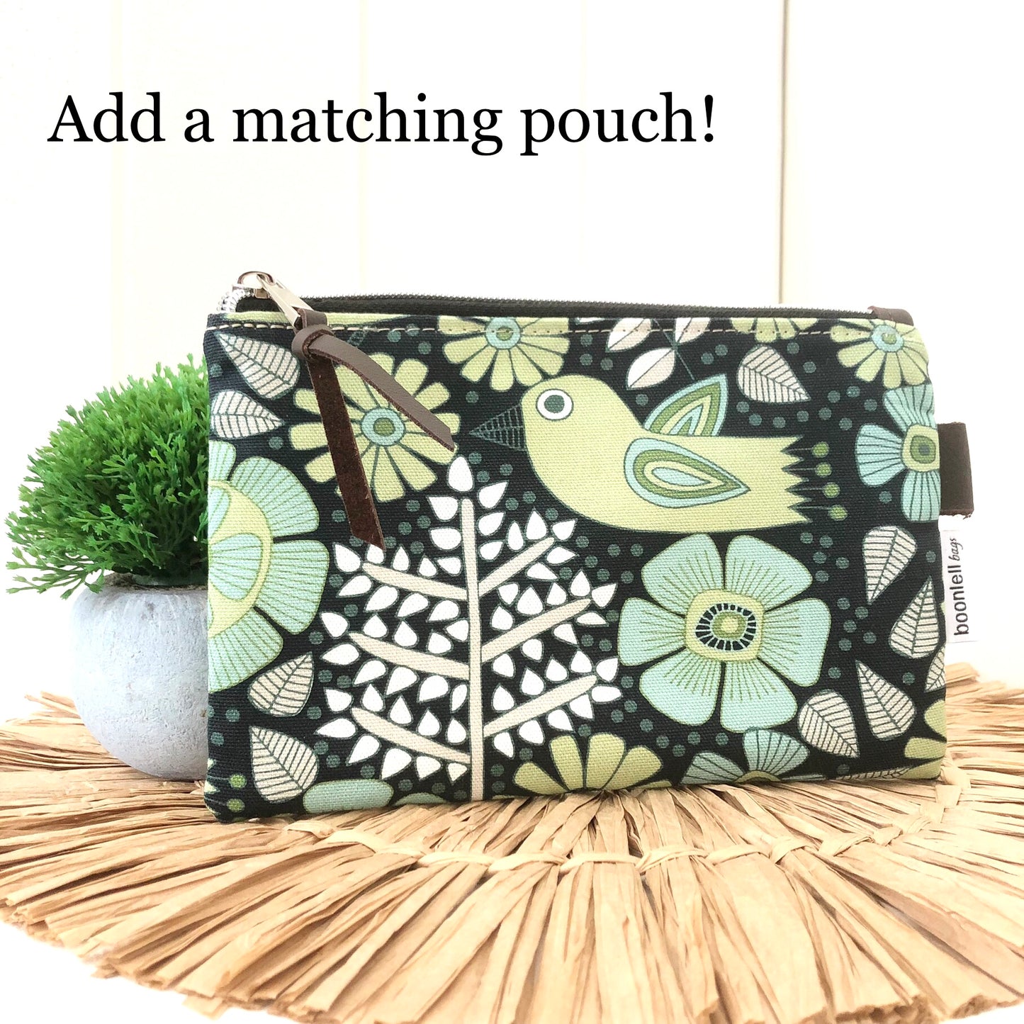 Matching Zipper Pouch in Green Bird
