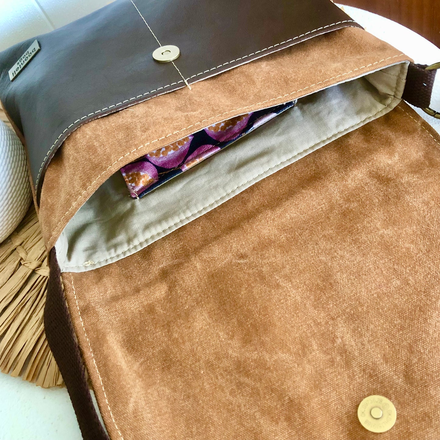 brown canvas bag inside view