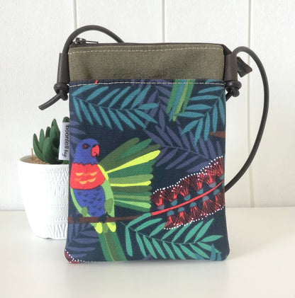 Sundew Sling Bag in Green Canvas with Rosella Bird