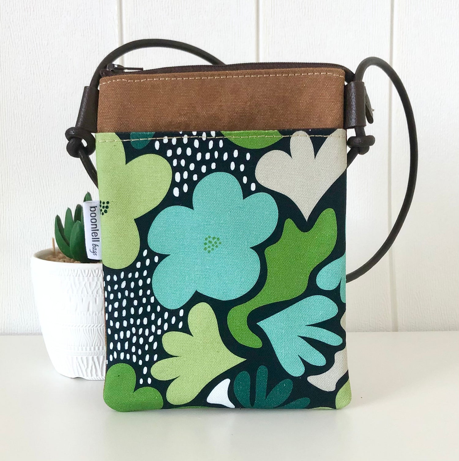 brown canvas green daisy phone sling