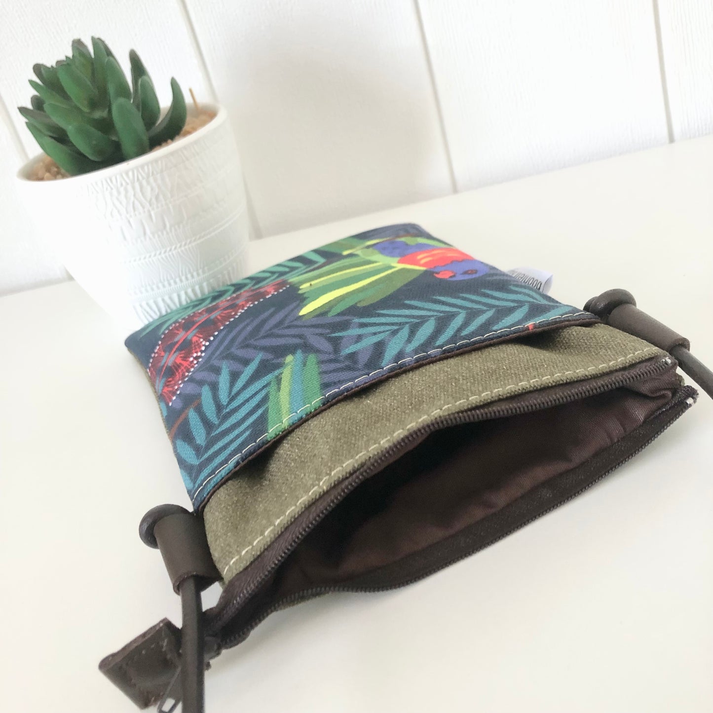 Sundew Sling Bag in Green Canvas with Rosella Bird