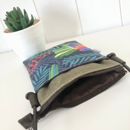 Sundew Sling Bag in Green Canvas with Rosella Bird