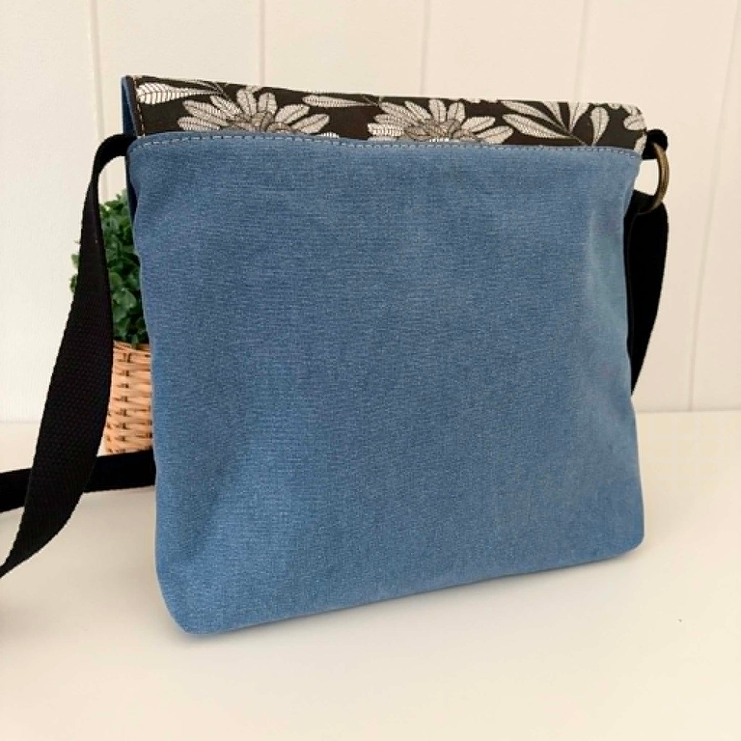 Cassinia Crossbody Bag - Blue Canvas and Black Leather with Waratah