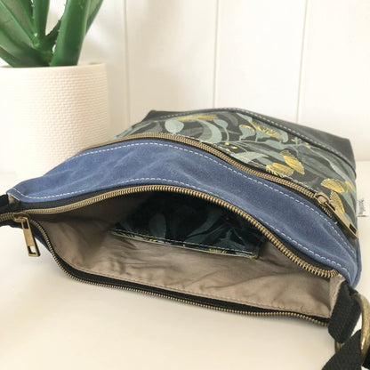 Acacia Zipper Bag in Leather, Blue Canvas and Yellow Eucalyptus