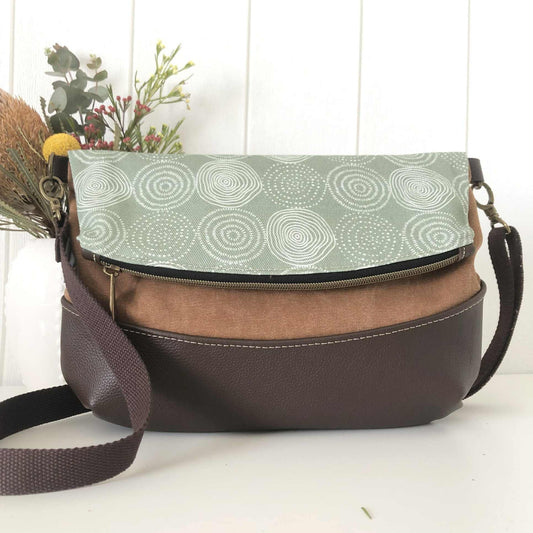 Fold Over Bag in Brown Leather, Tan Canvas and Tree Ring Fabric