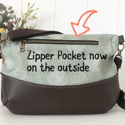 Fold Over Bag in Tan Leather, Blue Canvas and Waratah