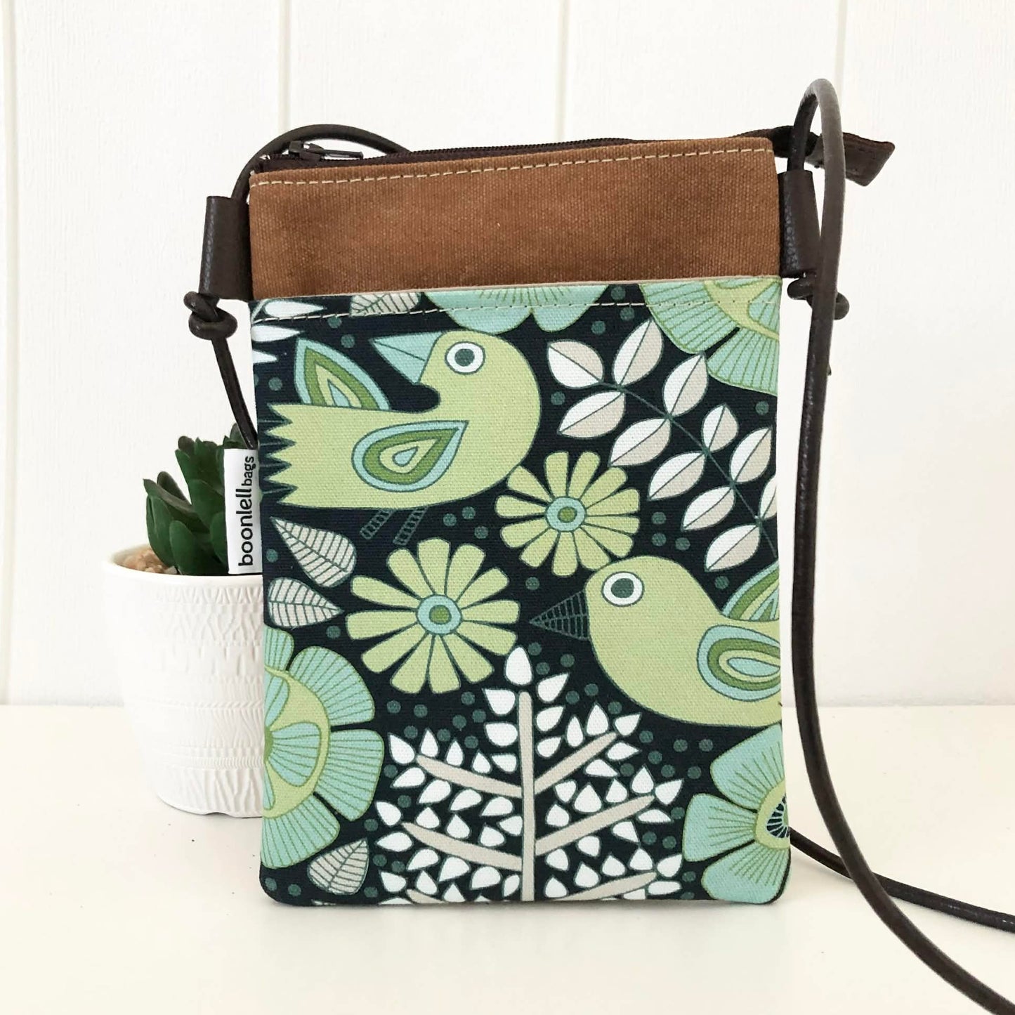 Tan Canvas and Scandi Bird Phone Sling Crossbody Bag