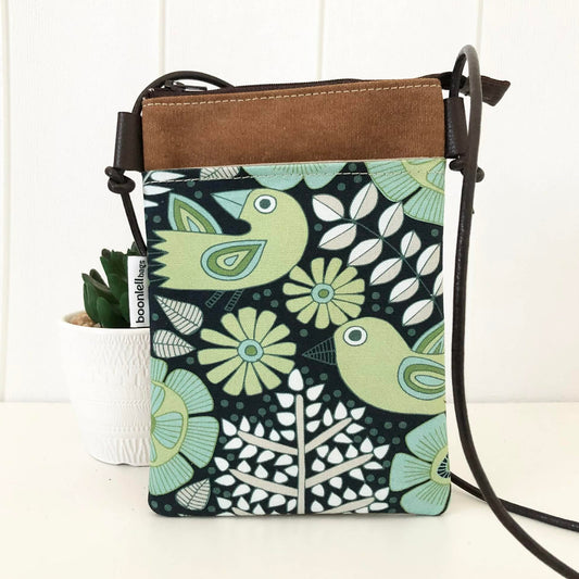 Tan Canvas and Scandi Bird Phone Sling Crossbody Bag