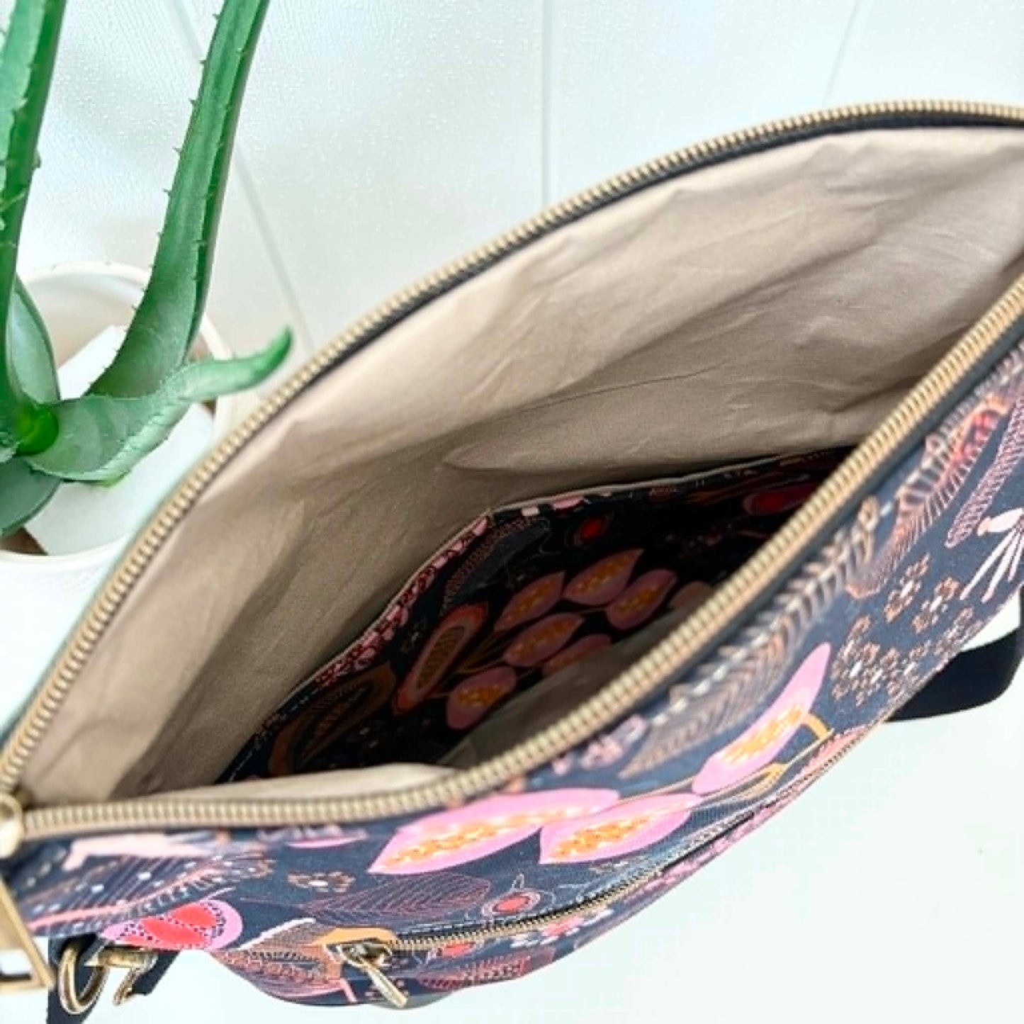 Hovea Fold Over Bag in Tan Leather, Green Canvas and Seed Pod