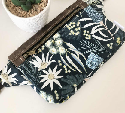 Belt Bag with Moonlight Flora and Brown Waxed Canvas