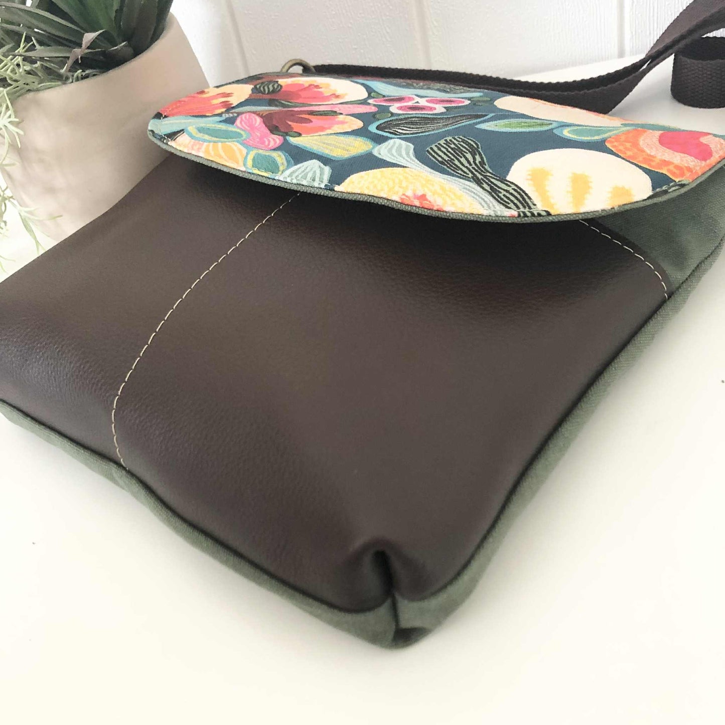 Cassinia Crossbody Bag - Green Canvas and Brown Leather with Bush Flora