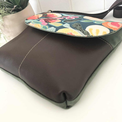 Cassinia Crossbody Bag - Green Canvas and Brown Leather with Bush Flora