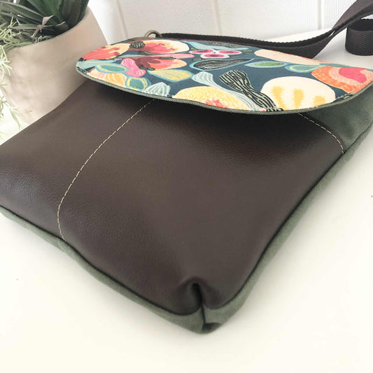 Cassinia Crossbody Bag - Green Canvas and Brown Leather with Bush Flora