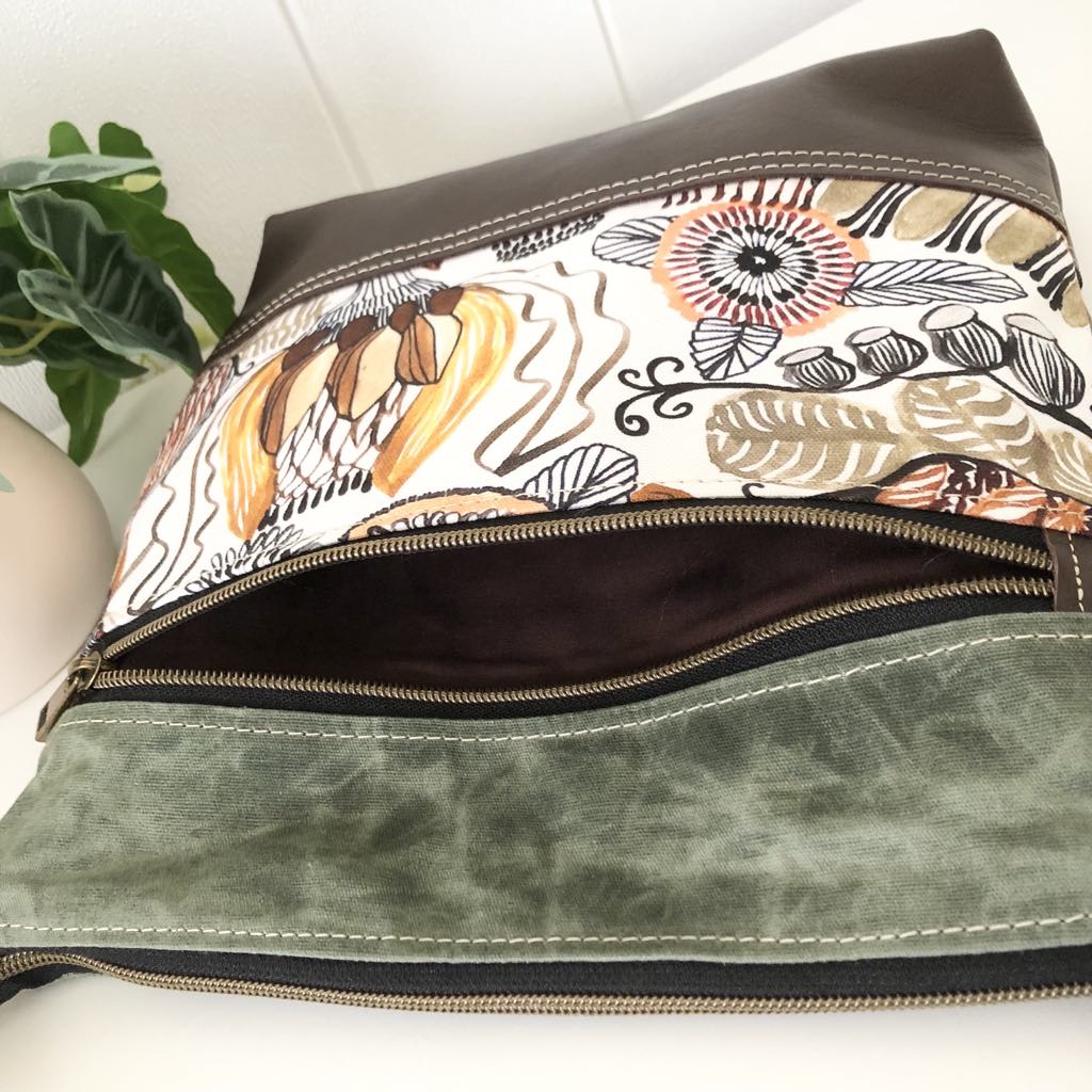 Leather, Waxed Canvas and Native Flower Fabric Zipper Handbag
