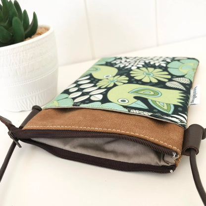 Tan Canvas and Scandi Bird Phone Sling Crossbody Bag