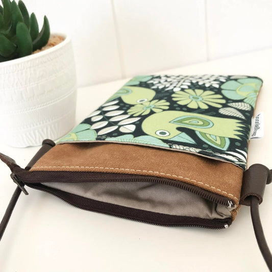 Tan Canvas and Scandi Bird Phone Sling Crossbody Bag