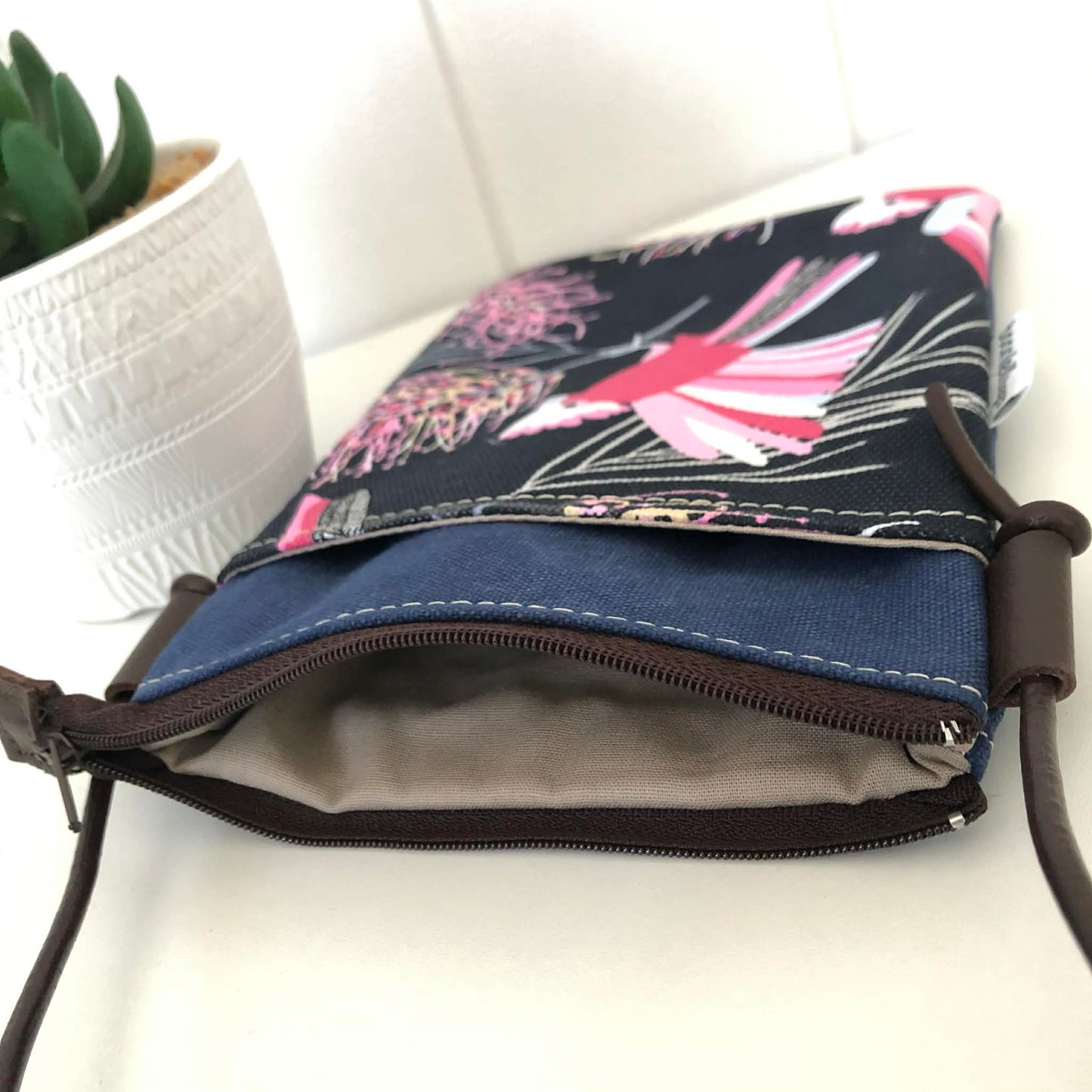 Sundew Sling Bag in Blue Canvas with Pink Cockatoo