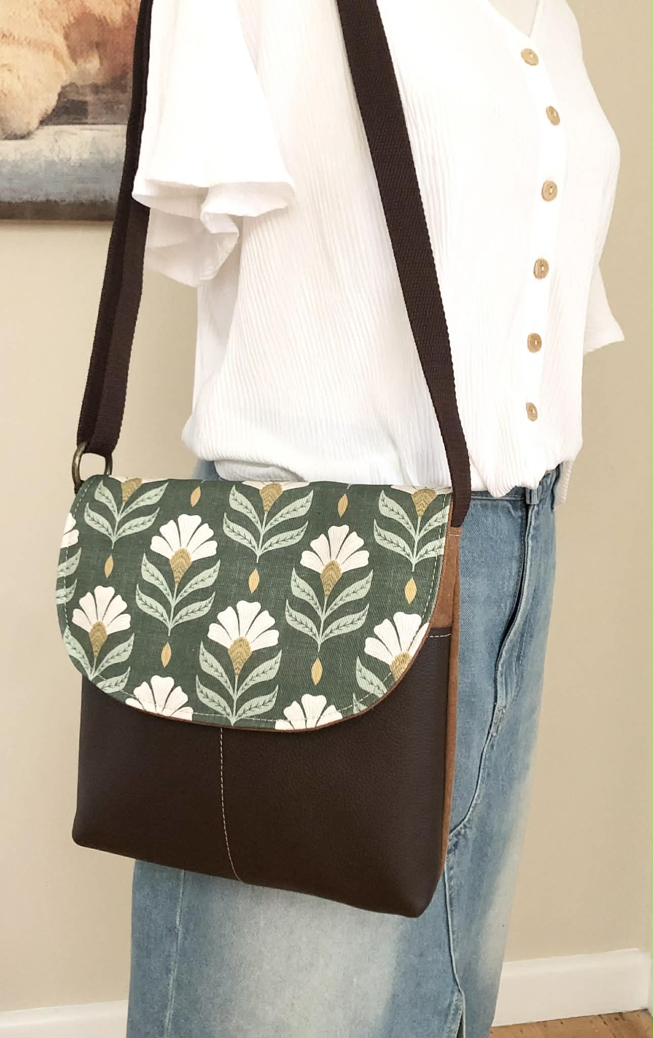 Cassinia Crossbody Bag - Tan Canvas and Brown Leather with Chiara Print