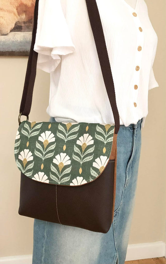 Cassinia Crossbody Bag - Tan Canvas and Brown Leather with Chiara Print