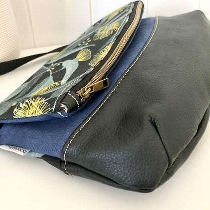 Hovea Fold Over Bag in Black Leather, Blue Canvas and Yellow Eucalyptus