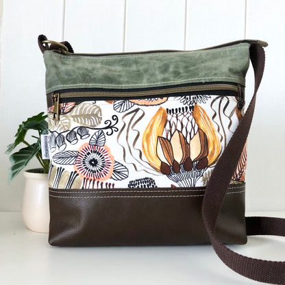 Leather, Waxed Canvas and Native Flower Fabric Zipper Handbag