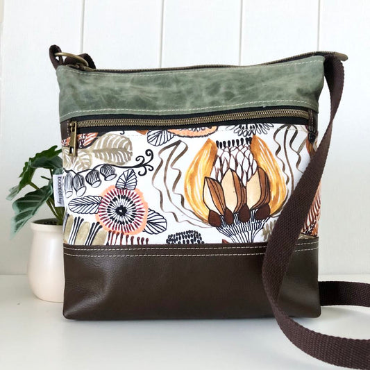 Leather, Waxed Canvas and Native Flower Fabric Zipper Handbag