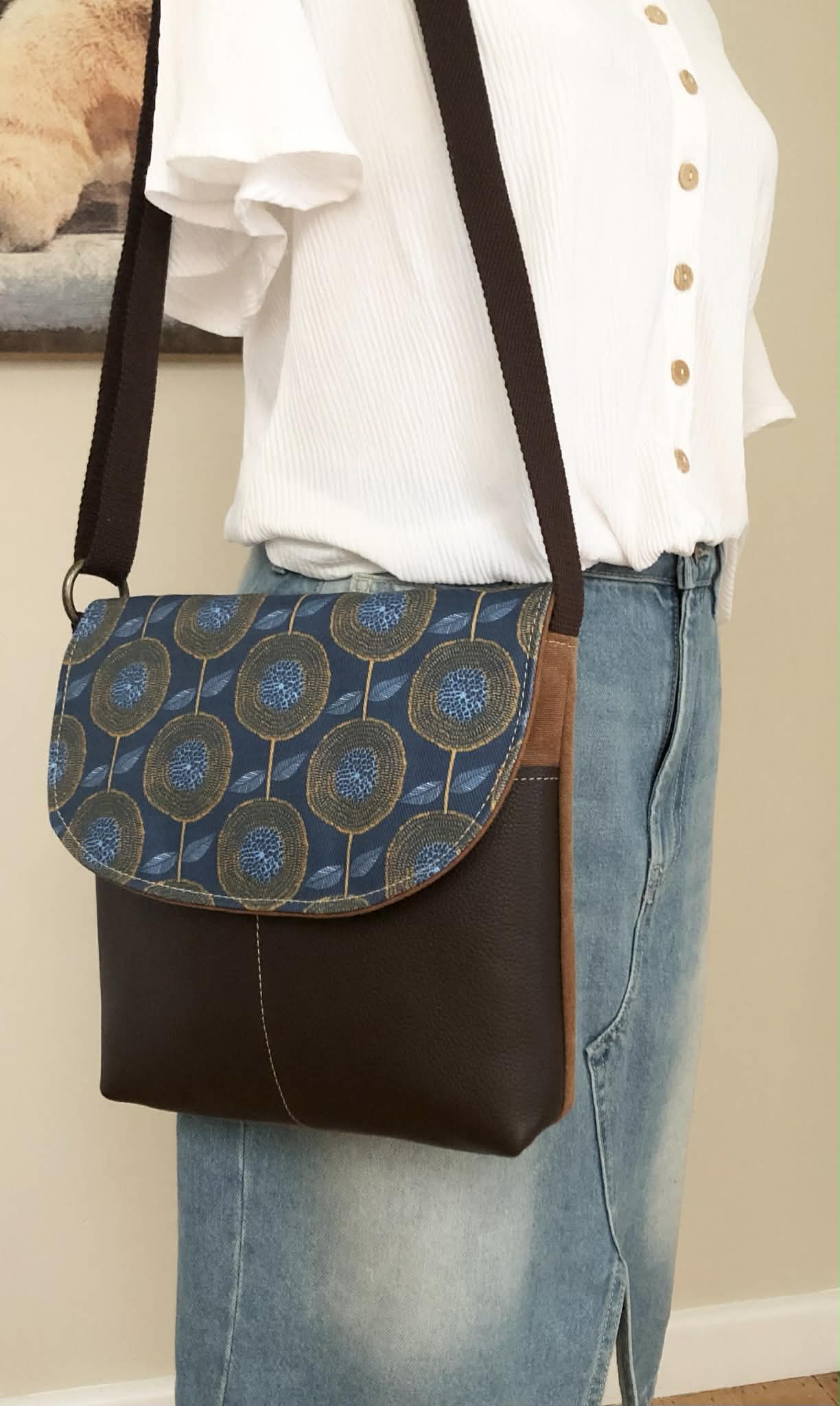 Cassinia Crossbody Bag - Tan Canvas and Brown Leather with Modern Floral