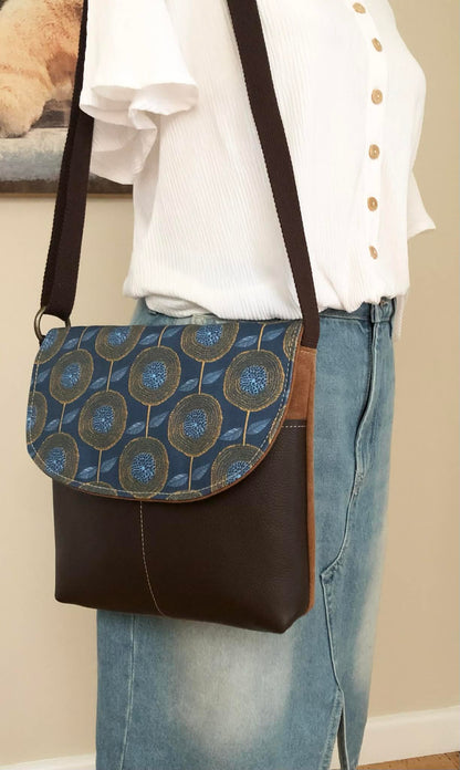 Cassinia Crossbody Bag - Tan Canvas and Brown Leather with Modern Floral