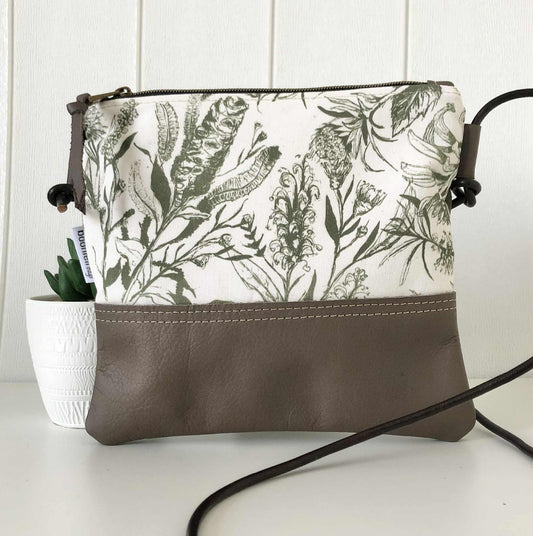 Gumnut Crossbody Bag in Green Canvas, Brown Leather and Bush Blooms