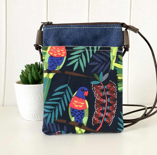 Sundew Sling Bag in Blue Canvas with Rosella Bird