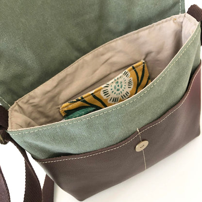 Cassinia Crossbody Bag - Green Canvas & Brown Leather with Evarie Print