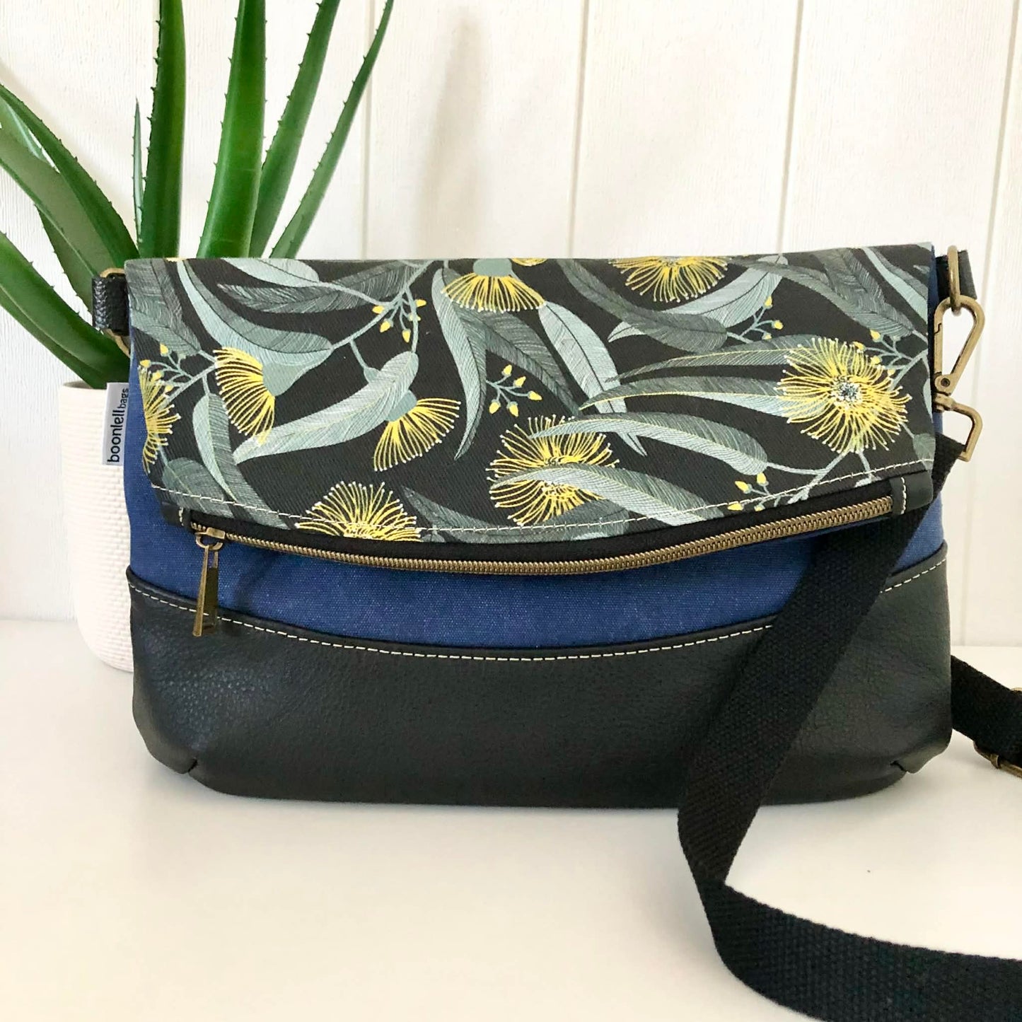 Hovea Fold Over Bag in Black Leather, Blue Canvas and Yellow Eucalyptus