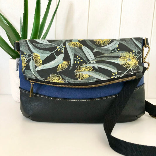 Hovea Fold Over Bag in Black Leather, Blue Canvas and Yellow Eucalyptus