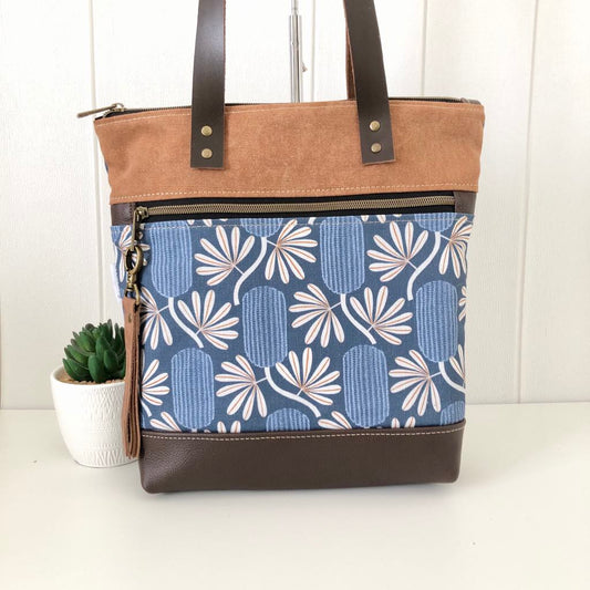 Dark Brown Leather, Canvas and Banksia Fabric Tote Bag