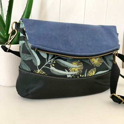 Hovea Fold Over Bag in Black Leather, Blue Canvas and Yellow Eucalyptus