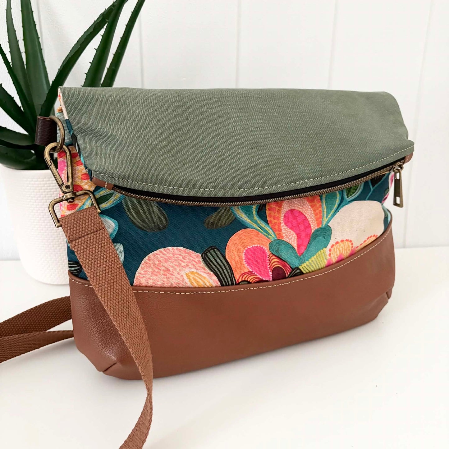 Hovea Fold Over Bag in Tan Leather, Green Canvas and Bush Flora