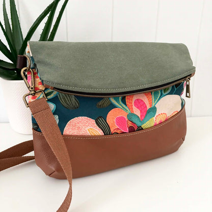Hovea Fold Over Bag in Tan Leather, Green Canvas and Bush Flora
