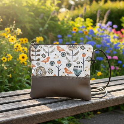 Gumnut Crossbody Bag in Green Canvas, Brown Leather and Scandi Meadow